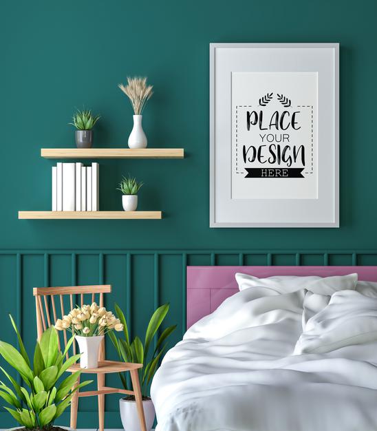 Free Poster Frame Mockup Interior In A Bedroom Psd