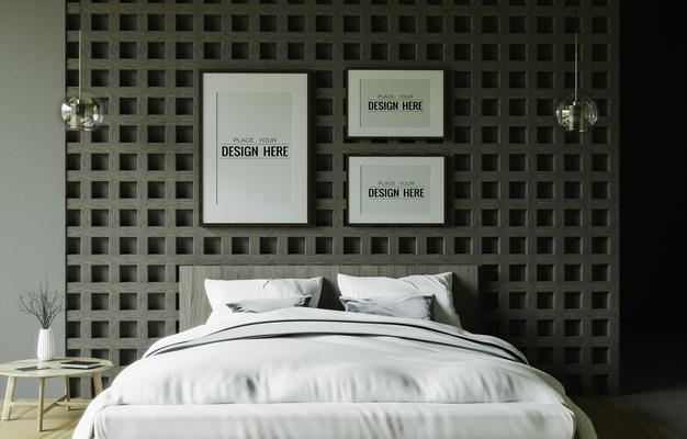 Free Poster Frame Mockup Interior In A Bedroom Psd