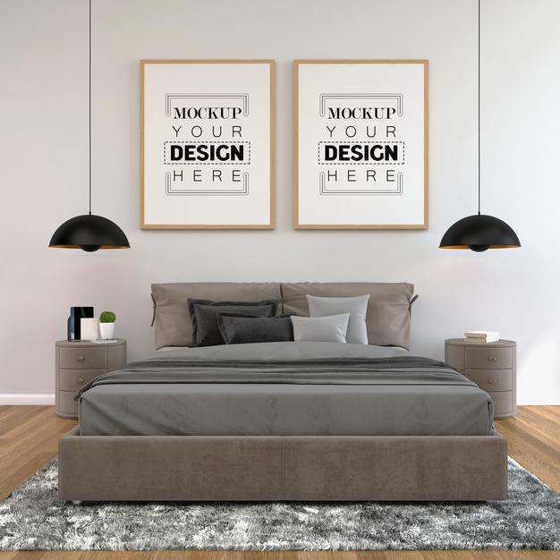 Free Poster Frame Mockup Interior In A Bedroom Psd