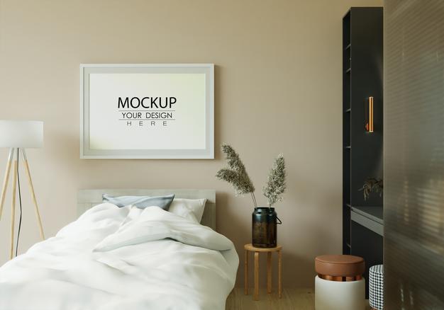 Free Poster Frame Mockup Interior In A Bedroom Psd