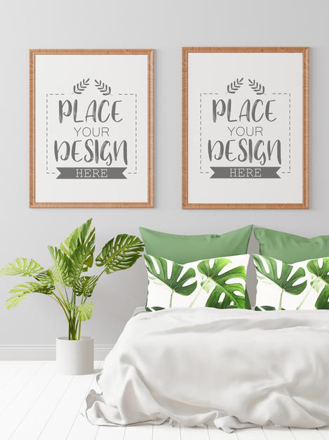 Free Poster Frame Mockup Interior In A Bedroom Psd