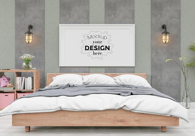 Free Poster Frame Mockup Interior In A Bedroom Psd