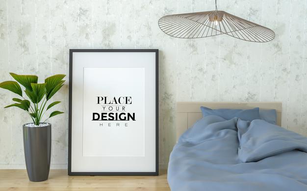 Free Poster Frame Mockup Interior In A Bedroom Psd