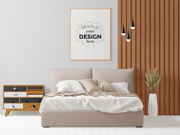 Free Poster Frame Mockup Interior In A Bedroom Psd