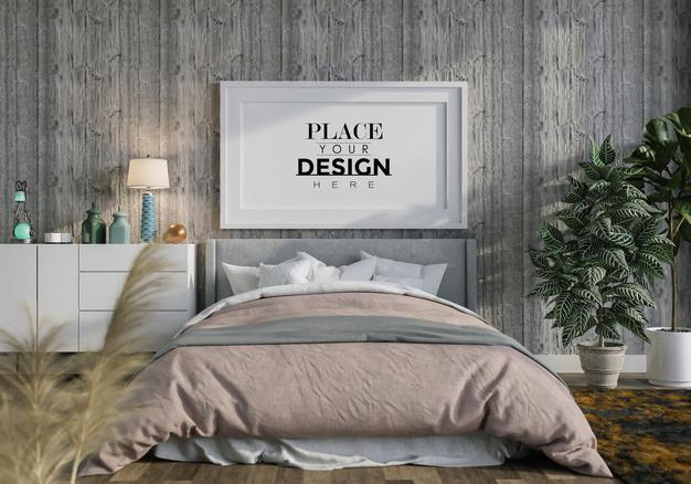 Free Poster Frame Mockup Interior In A Bedroom Psd