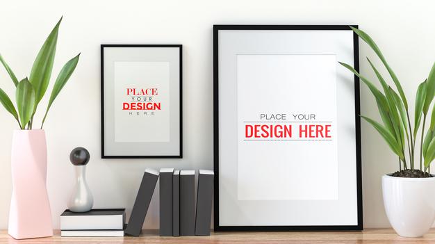 Free Poster Frame Mockup On The Wall With Plant Psd