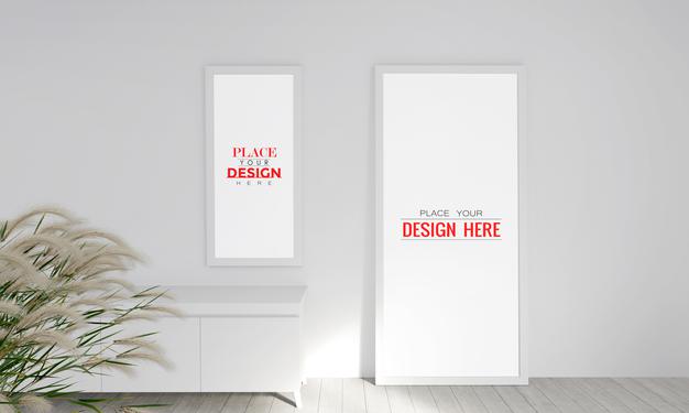 Free Poster Frame Mockup On The Wall With Plant Psd