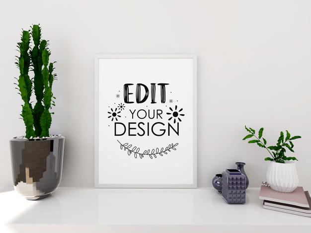 Free Poster Frame Mockup On The Wall With Plant Psd