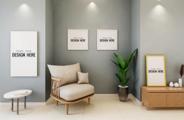 Free Poster Frame Mockup On The Wall With Plant Psd