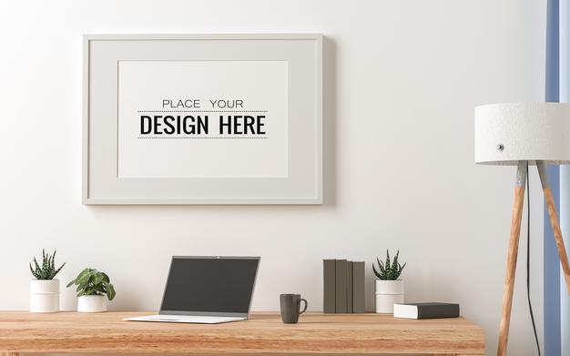 Free Poster Frame Mockup On The Wall With Plant Psd