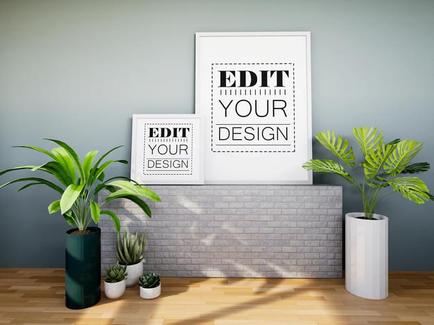 Free Poster Frame Mockup On The Wall With Plant Psd