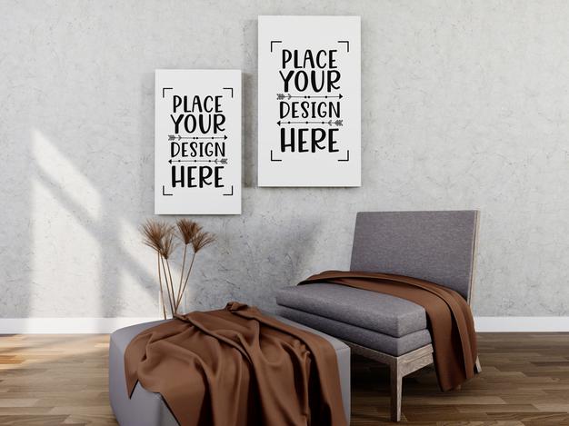 Free Poster Frame Mockup On The Wall With Plant Psd