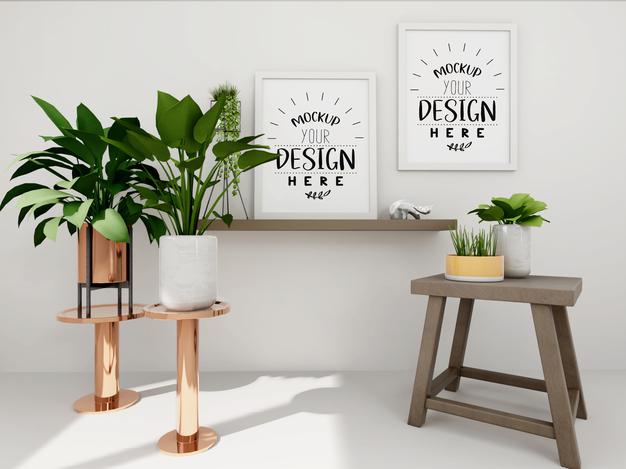 Free Poster Frame Mockup On The Wall With Plant Psd