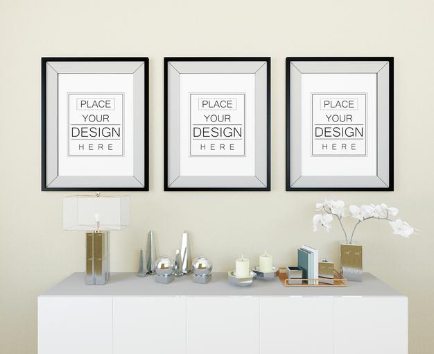 Free Poster Frame Mockup On The Wall With Plant Psd