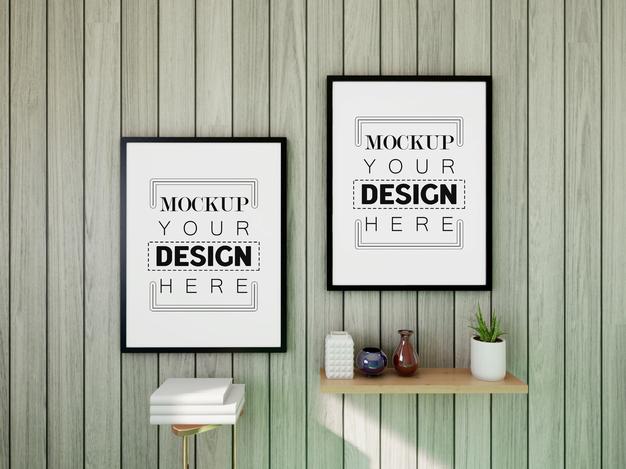 Free Poster Frame Mockup On The Wall With Plant Psd