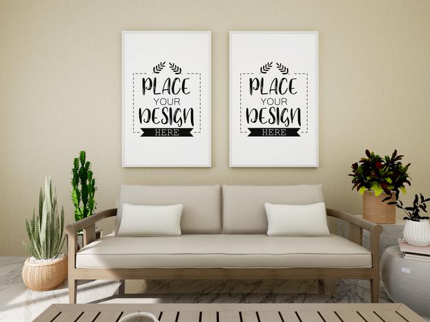 Free Poster Frame Mockup On The Wall With Plant Psd