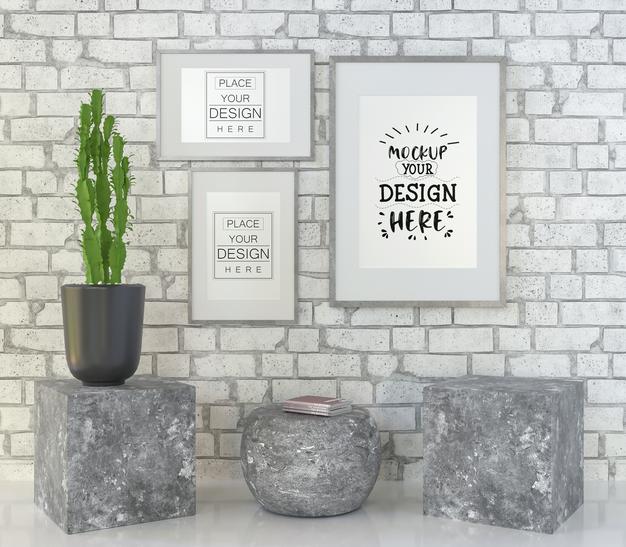 Free Poster Frame Mockup On The Wall With Plant Psd