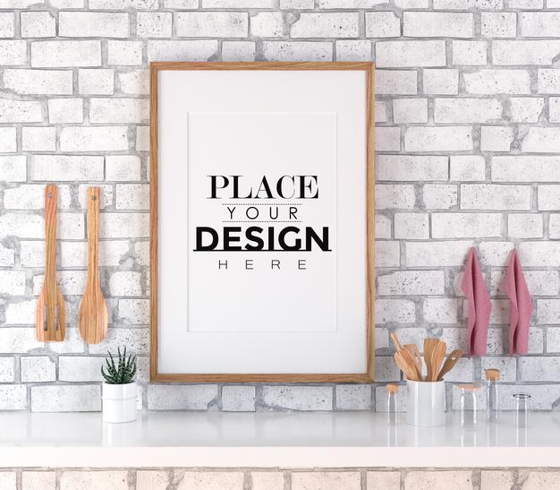 Free Poster Frame Mockup On The Wall With Plant Psd