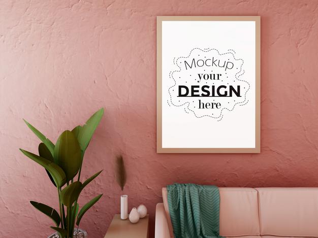 Free Poster Frame Mockup On The Wall With Plant Psd