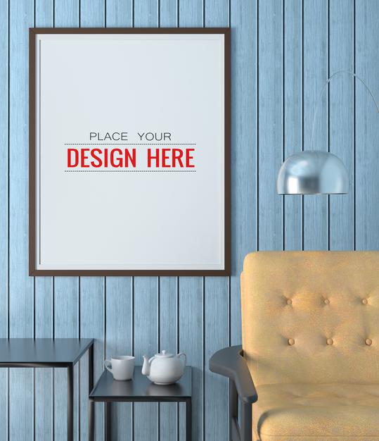 Free Poster Frame Mockup On The Wall With Plant Psd