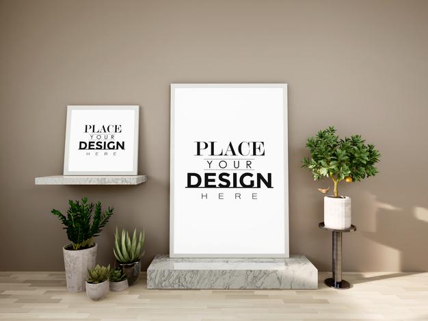 Free Poster Frame Mockup On The Wall With Plant Psd