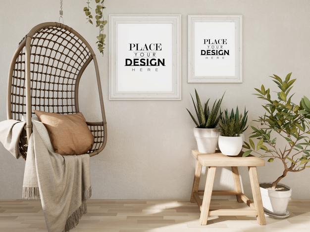 Free Poster Frame Mockup On The Wall With Plant Psd