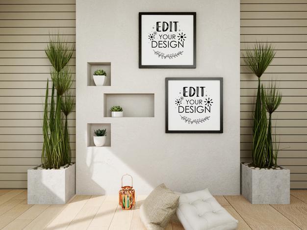 Free Poster Frame Mockup On The Wall With Plant Psd