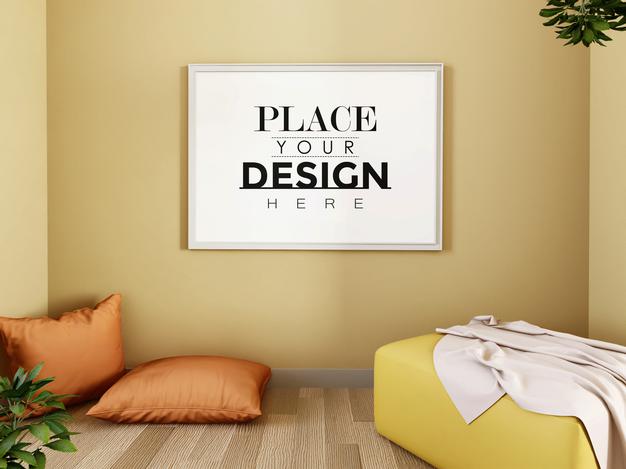 Free Poster Frame Mockup On The Wall With Plant Psd