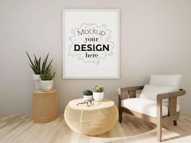 Free Poster Frame Mockup On The Wall With Plant Psd