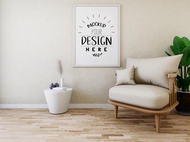 Free Poster Frame Mockup On The Wall With Plant Psd