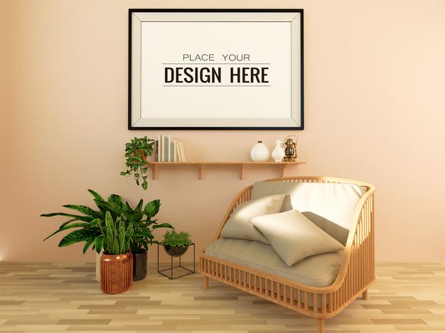 Free Poster Frame Mockup On The Wall With Plant Psd