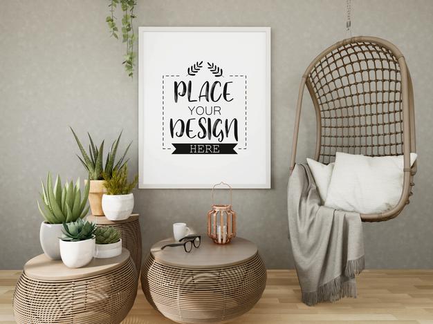 Free Poster Frame Mockup On The Wall With Plant Psd