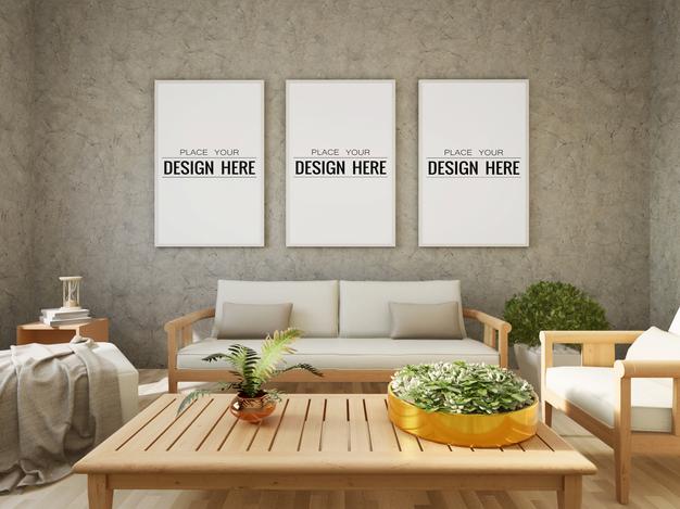 Free Poster Frame Mockup On The Wall With Plant Psd