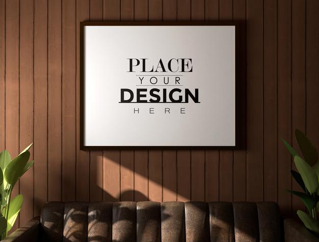 Free Poster Frame Mockup On The Wall With Plant Psd