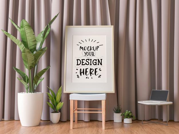 Free Poster Frame Mockup On The Wall With Plant Psd