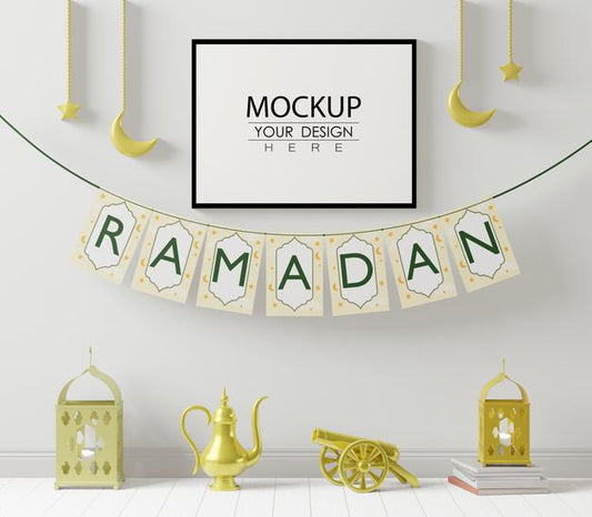 Free Poster Frame Mockup With Interior Ramadan Decoration Living Room Psd