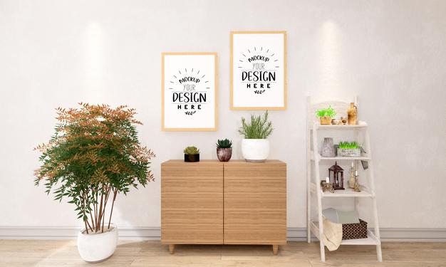 Free Poster Frames In Living Room Mockup Psd