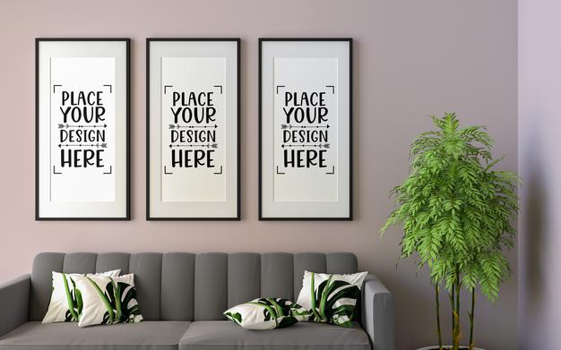 Free Poster Frames In Living Room Mockup Psd