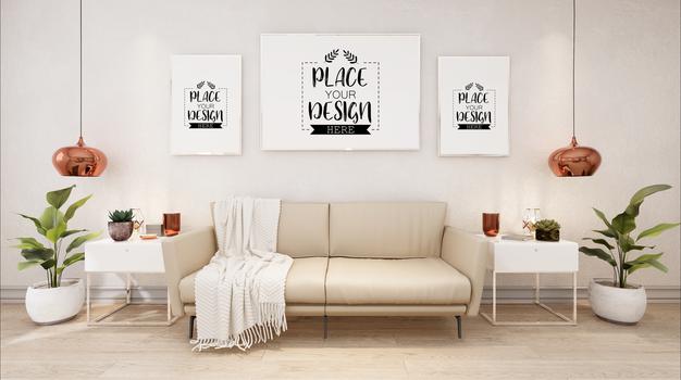 Free Poster Frames In Living Room Mockup Psd