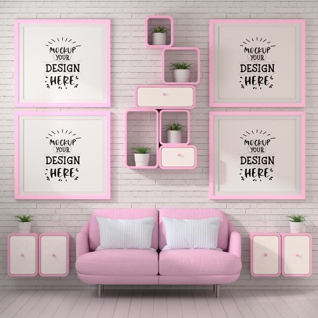 Free Poster Frames In Living Room Mockup Psd