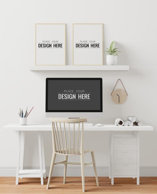 Free Poster Frames In Office Mockup Psd