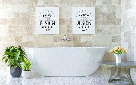 Free Poster Frames Mockup On Bathroom Interior Psd