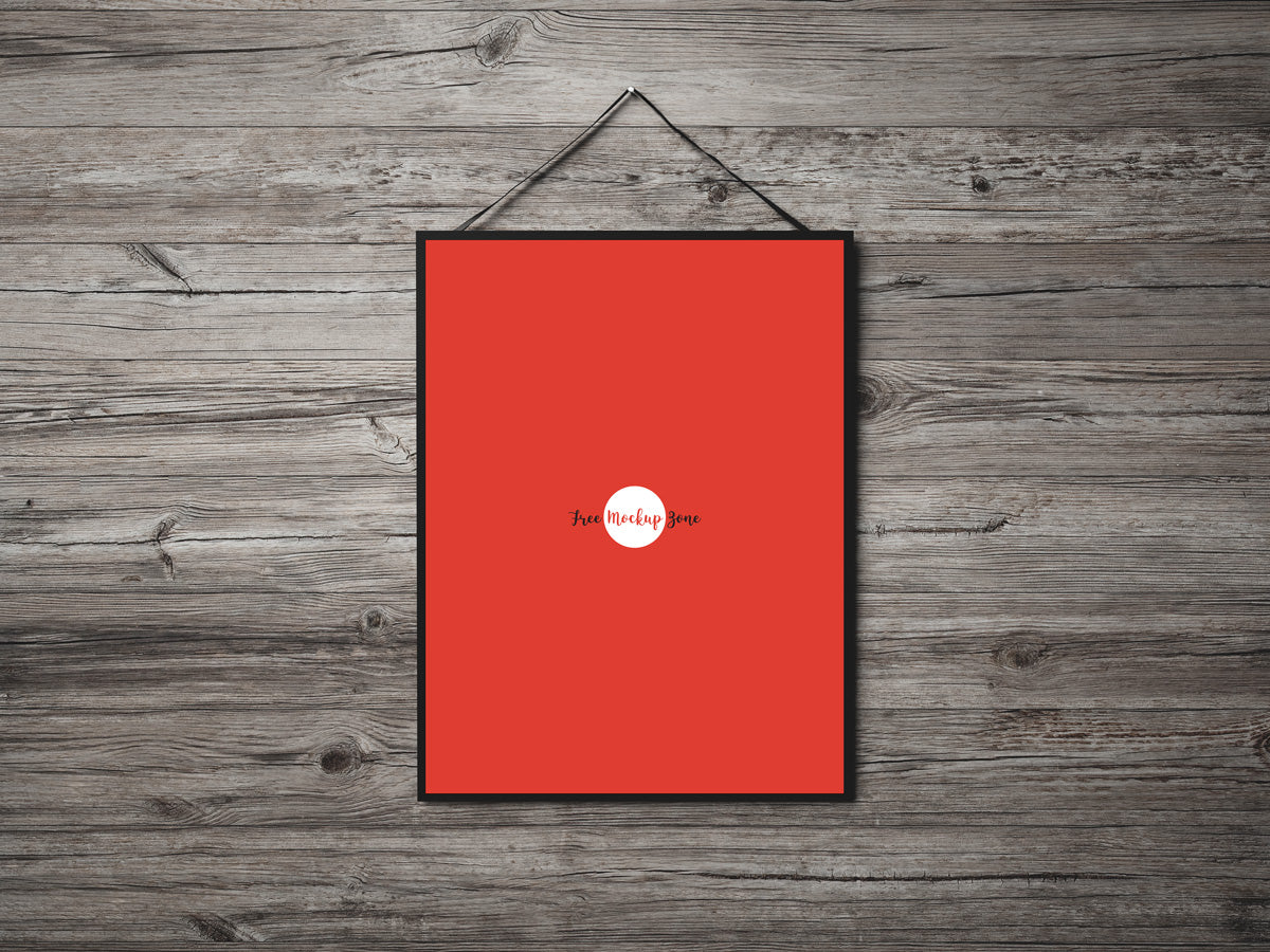 Free Poster Hanging On Wooden Wall Mockup Psd