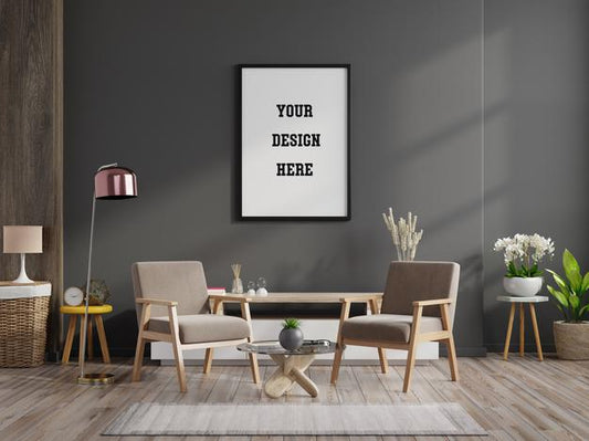 Free Poster Mockup With Vertical Frame On Grey Wall In Living Room Interior With Wooden Chairs Psd