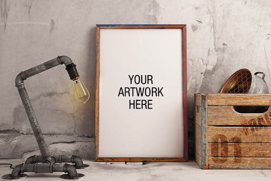 Free Premium Frame Mockup With Industrial Lamp