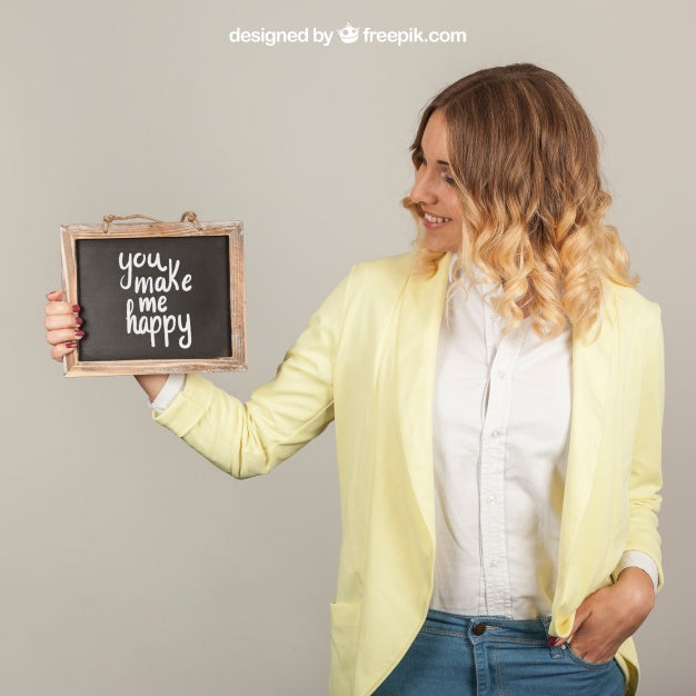 Free Presentation Concept With Woman Holding Slate Psd