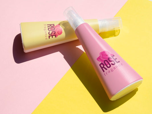 Free Product Design With Pink Bottles Mock-Up On Colorful Background Psd