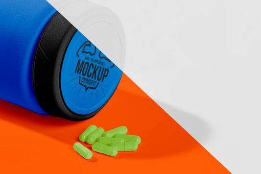 Free Protein Blue Bottle And Green Pills Mock-Up Psd