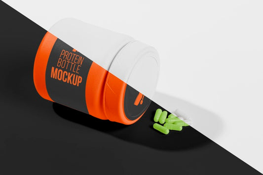 Free Protein Orange Bottle And Green Pills Mock-Up Psd