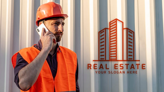 Free Real Estate Man With Hard Hat Talking On Phone Psd